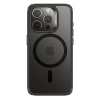 Czarne etui ESR Hybrid z MagSafe do iPhone 15 Pro Max, widok na plecki z okręgiem magnetycznym, logo Apple oraz napis Camera Guard przy wyspie aparatów.