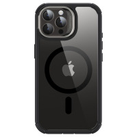 Przezroczyste etui ESR Armor Tough z czarną ramką do iPhone 15 Pro Max, widoczny pierścień MagSafe, wyspa aparatów z napisem Camera Guard oraz podstawka.