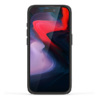 Smartfon iPhone 15 Pro Max w czarnym etui ESR Classic Kickstand z MagSafe, prezentujący na ekranie abstrakcyjną tapetę w odcieniach czerwieni i fioletu.