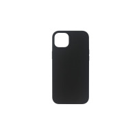 Czarne etui silikonowe eSTUFF do iPhone 14 Plus z wycięciem na wyspę aparatów, ukazane w widoku od strony plecków na jednolitym tle.