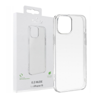 Przeźroczyste etui PURO 0.3 Nude do iPhone 15 obok białego opakowania z nadrukiem nazwy produktu, widoczny otwór na wyspę aparatów oraz logo producenta.