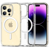 Przeźroczyste etui Tech-Protect Glitter MagSafe do iPhone 15 Pro z brokatowym wykończeniem, widoczne w trzech ujęciach: z tyłu, z boku oraz na telefonie.