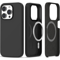 Czarne etui Tech-Protect Silicone MagSafe do iPhone 14 Pro, prezentujące widok z tyłu, wnętrze z pierścieniem magnetycznym oraz profil z wycięciem na aparat.