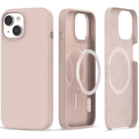 Różowe etui Tech-Protect Silicone MagSafe do iPhone 15, ukazane w trzech widokach: od tyłu z wyspą aparatów, wnętrze z pierścieniem magnetycznym i wyściółką.