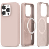 Różowe etui silikonowe Tech-Protect do iPhone 15 Pro Max z widocznym magnetycznym pierścieniem MagSafe, ukazane w trzech ujęciach: tył, wnętrze i profil.