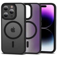 Czarne etui Tech-Protect Magmat z pierścieniem MagSafe do iPhone 15 Pro, prezentowane w trzech ujęciach ukazujących tył obudowy, wycięcie na aparat i ekran.