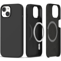 Czarne etui Tech-Protect Silicone MagSafe do iPhone 13 i 14, prezentujące widok zewnętrzny, wnętrze z magnetycznym pierścieniem oraz profil obudowy.