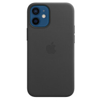 Czarne skórzane etui Apple Leather Case z MagSafe do iPhone 12 mini, widok na tył urządzenia z charakterystyczną niebieską wyspą aparatów i logo Apple.