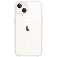 Przezroczyste etui Apple MagSafe do iPhone 13 z widocznym białym pierścieniem magnetycznym na pleckach oraz charakterystyczną wyspą dwóch aparatów.