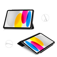 Czarne etui Tech-Protect SmartCase Magnetic do iPad 10,9 10 gen. w dwóch pozycjach podstawki, z ikonami ilustrującymi kąty nachylenia urządzenia.