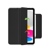 Czarne etui Tech-Protect SmartCase Magnetic do iPad 10,9 10 gen. z magnetycznym zapięciem na rysik oraz strzałkami wskazującymi sposób otwierania klapki.
