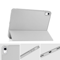 Szare etui Tech-Protect SmartCase Magnetic do iPad 10,9 10 gen. w pozycji stojącej oraz zbliżenia na wyspę aparatu, przyciski boczne i port ładowania.