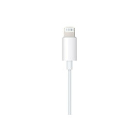 Biały kabel Apple Lightning do złącza słuchawkowego o długości 1,2 m z widoczną wtyczką Lightning z ośmioma stykami, ujęcie na wprost w pionie.