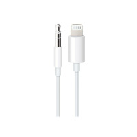 Biały kabel Apple Lightning do gniazda słuchawkowego 1,2 m, prezentujący złącze Lightning oraz wtyk jack 3,5 mm w widoku na wprost na białym tle.