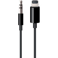 Czarny kabel Apple Lightning do gniazda słuchawkowego 1,2 m, prezentujący z jednej strony wtyk jack 3,5 mm, a z drugiej złącze Lightning w pionowym ujęciu.