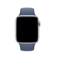 Apple Watch z kopertą w kolorze srebrnym oraz silikonowym paskiem w odcieniu nordycki błękit, widok z przodu na wygaszony ekran urządzenia.