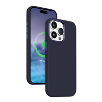 Granatowe etui Crong Color Cover LUX Magnetic do iPhone 15 Pro z widoczną wyspą aparatów oraz telefon z aktywną ikoną ładowania bezprzewodowego na ekranie.