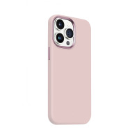 Różowe etui Crong Color Cover LUX Magnetic do iPhone 15 Pro z widoczną wyspą aparatów w metalicznym odcieniu oraz magnetycznym pierścieniem na pleckach.