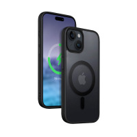Czarne etui Crong Hybrid Frost MAG do iPhone 15 z widocznym pierścieniem MagSafe oraz telefon z wyświetlaczem pokazującym ikonę ładowania 75 procent.