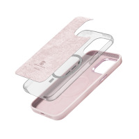 Różowe etui Crong Color Cover LUX Magnetic do iPhone 15 Pro w widoku rozłożonym na trzy warstwy, ukazujące strukturę wewnętrzną oraz logo Clever Choice.