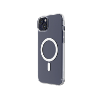 Przeźroczyste etui JCPal DualPro MagSafe do iPhone 15 z widocznym białym pierścieniem magnetycznym na pleckach oraz wycięciem na wyspę aparatów.