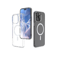 Przeźroczyste etui JCPal DualPro MagSafe do iPhone 15 Pro Max, ukazane w trzech wariantach: puste, nałożone na telefon oraz od strony plecków z pierścieniem.