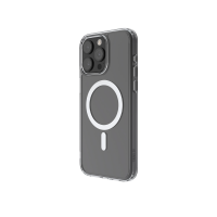 Przeźroczyste etui JCPal DualPro MagSafe do iPhone 15 Pro Max z widocznym magnetycznym pierścieniem na pleckach oraz wycięciem na wyspę aparatów.