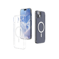 Przeźroczyste etui JCPal DualPro MagSafe do iPhone 15 z widocznym pierścieniem magnetycznym oraz telefon w etui ukazujący wyspę aparatów i logo JCPAL.
