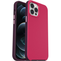 Różowe etui OtterBox Aneu do iPhone 12 Pro Max z widoczną wyspą aparatów, przyciskami bocznymi oraz logo producenta wytłoczonym na bocznej krawędzi obudowy.