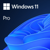 Logo systemu operacyjnego Microsoft Windows 11 Pro na tle charakterystycznej, abstrakcyjnej niebieskiej tapety z płynnymi, falistymi kształtami.