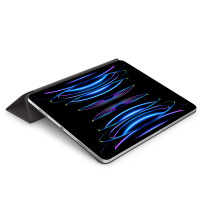 Czarne etui Apple Smart Folio do iPad Pro 12,9 cala (3-6 generacji) w pozycji stojącej, prezentujące tablet z włączonym kolorowym, abstrakcyjnym ekranem.
