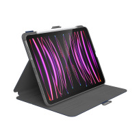 Granatowe etui Speck Balance Folio do iPada 11 2022-18 ustawione w pozycji podstawki, z umieszczonym na górze rysikiem Apple Pencil i widocznym ekranem.