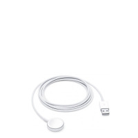 Oryginalny przewód do ładowania Apple Watch z magnetyczną końcówką w kolorze białym oraz wtyczką USB-A, zwinięty w okrąg na jednolitym jasnym tle.