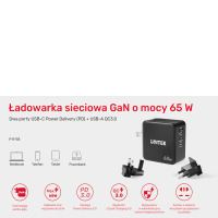 Czarna ładowarka sieciowa Unitek GaN 65W P1117B z trzema portami, dwoma wymiennymi wtyczkami podróżnymi oraz ikonami urządzeń: notebooka, telefonu i tabletu.