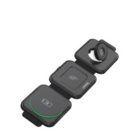 Czarna składana ładowarka indukcyjna Unitek P1223 3w1 z trzema panelami do ładowania telefonu, słuchawek i zegarka Apple Watch, widok z góry na produkt.