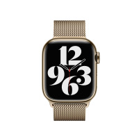 Złoty Apple Watch z bransoletą mediolańską Apple, widoczny od frontu z tarczą wyświetlającą duże cyfry 3, 6, 9 oraz 12 na czarnym tle.