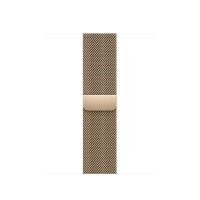 Złota bransoleta mediolańska Apple do zegarka Apple Watch, wykonana z drobnej plecionej stali nierdzewnej z widocznym magnetycznym zapięciem na środku.