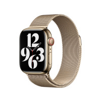 Złoty Apple Watch z tarczą typu California i bransoletą mediolańską Apple, widoczny z profilu, prezentujący elegancki design paska z magnetycznym zapięciem.