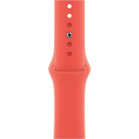 Silikonowy pasek Apple do Apple Watch w kolorze grejpfrutowym, widok na zapięcie typu pin oraz rząd otworów do regulacji obwodu na pasku 44/45/49mm.