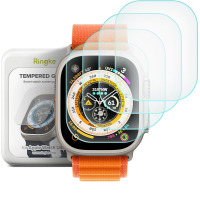 Szkło hartowane Ringke do Apple Watch 49mm na tarczy zegarka z pomarańczowym paskiem, obok opakowanie produktu z logo marki i wizualizacją akcesorium.