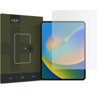 Szkło hartowane Hofi do iPad 10,9 2022 obok opakowania z logo marki, widoczna przezroczysta powłoka ochronna oraz tablet z kolorową grafiką na ekranie.