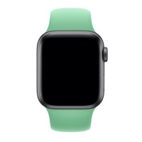 Apple Watch z czarną kopertą i silikonowym paskiem w kolorze miętowym, widok z przodu na wygaszony ekran oraz cyfrową koronkę umieszczoną po prawej stronie.