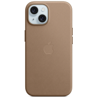 Jasnobeżowe etui Apple FineWoven z technologią MagSafe do iPhone 15, widok na tył urządzenia z wyeksponowaną wyspą aparatów oraz wytłoczonym logo Apple.