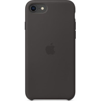 Czarne silikonowe etui Apple do iPhone SE2 z wycięciem na aparat i lampę błyskową oraz centralnie umieszczonym wytłoczonym logo producenta na pleckach.