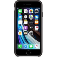 Czarny iPhone SE2 z silikonowym etui Apple, widoczny od frontu z włączonym ekranem głównym systemu iOS prezentującym siatkę ikon aplikacji oraz datę 15.