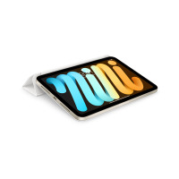 Białe etui Apple Smart Folio do iPad mini 6 w pozycji podstawki, z widocznym ekranem tabletu wyświetlającym kolorowy napis mini oraz datę 14 września.