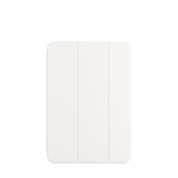 Białe etui Apple Smart Folio do iPad mini 6 w widoku od frontu, prezentujące minimalistyczną, składaną konstrukcję z trzema pionowymi panelami ochronnymi.