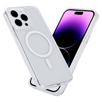 Przezroczyste etui eSTUFF BERLIN z MagSafe do iPhone 15 Pro, ukazujące wyspę aparatów oraz telefon z wyświetlaczem w odcieniach fioletu pod kątem.