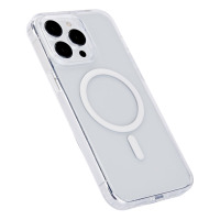 Przezroczyste etui eSTUFF BERLIN z MagSafe do iPhone 15 Pro, ukazujące tylny panel z widoczną wyspą aparatów oraz charakterystycznym magnetycznym pierścieniem.