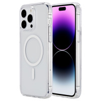 Przezroczyste etui eSTUFF BERLIN z MagSafe do iPhone 15 Pro, prezentujące widok na tył z wyspą aparatów oraz przód urządzenia z aktywnym wyświetlaczem.